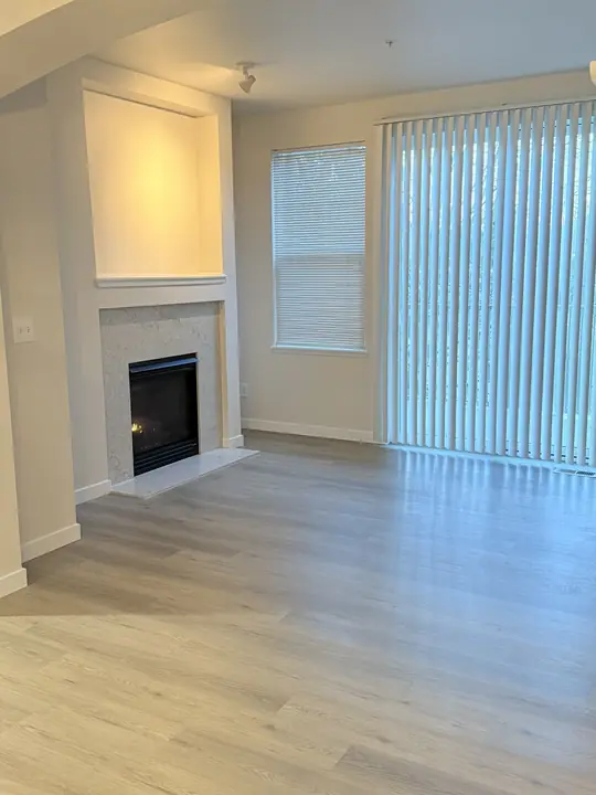Living room with new plank flooring and fireplace