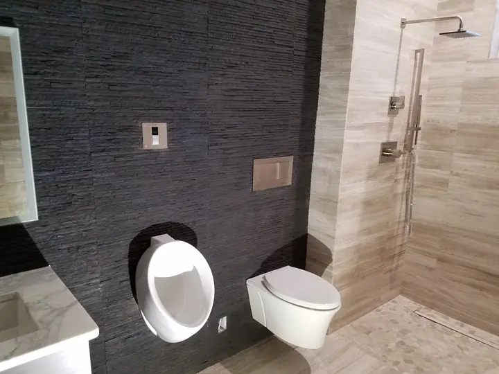 Dark slate feature wall with wall-hung fixtures and walk-in shower